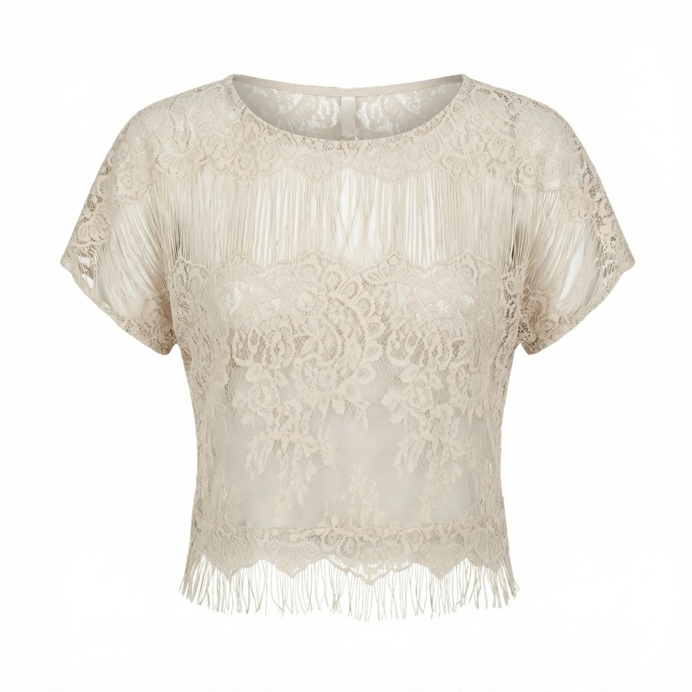 Kimchi Blue Fringe Lace Short Sleeve Top in Cream